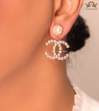 Dainty cz and pearl earrings with double C