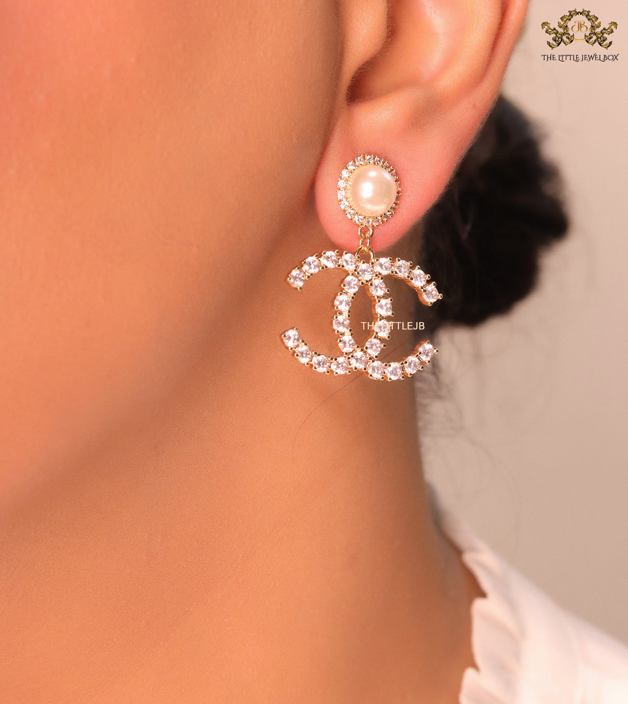 Dainty cz and pearl earrings with double C