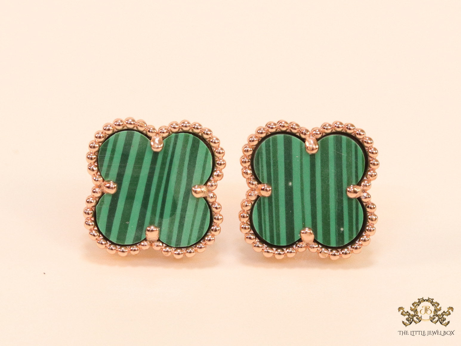 Malachite green clover stud earrings in rose gold finish