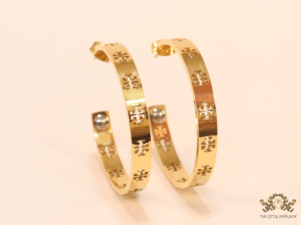 Gold plated hoop earrings with double T motifs 38 mm
