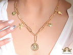 Gold plated link chain necklace with charms- snake, star fish, saturn, snail shell, Sun n Moon