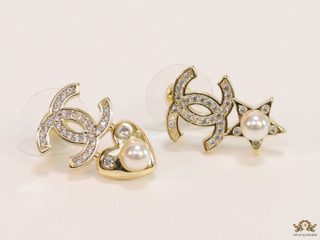 Gold plated double C earrings with pearl heart and star