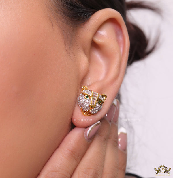 Cz panther stud earrings in gold finish and emerald green eyes