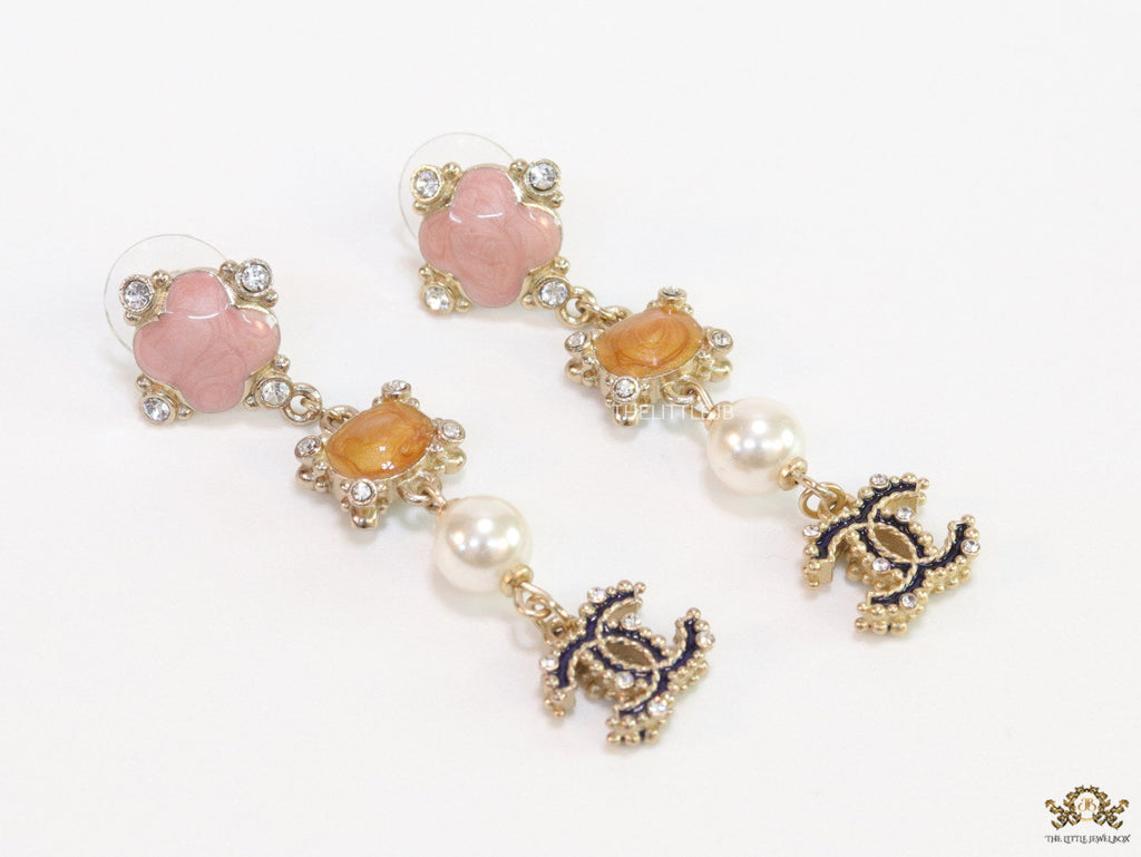 Double C dangles with pink, orange stones, pearls and cz