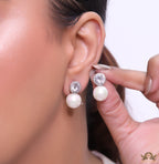 Platinum plated round cz earrings with pearl drop