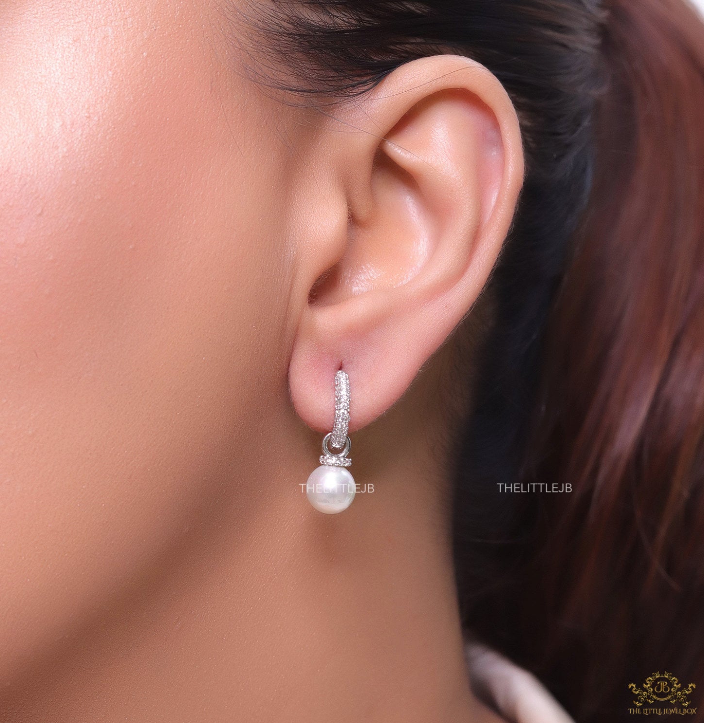 Platinum plated cz hoops with pearl drop