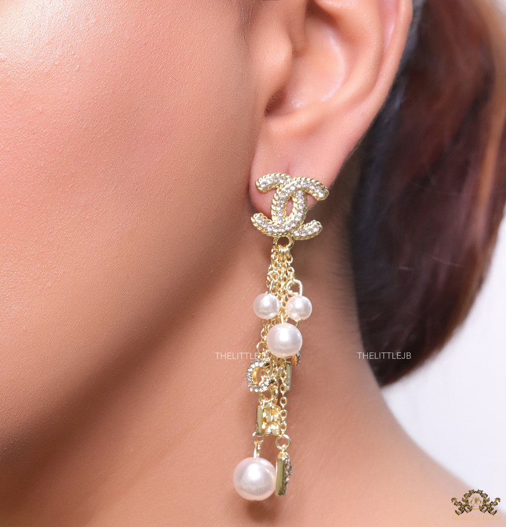 Twin C cz tops with chain alphabet and pearl drops