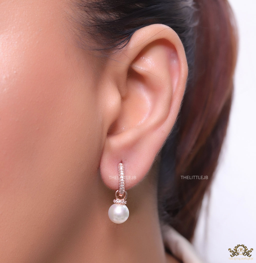 Rose gold plated cz hoops with pearl drop