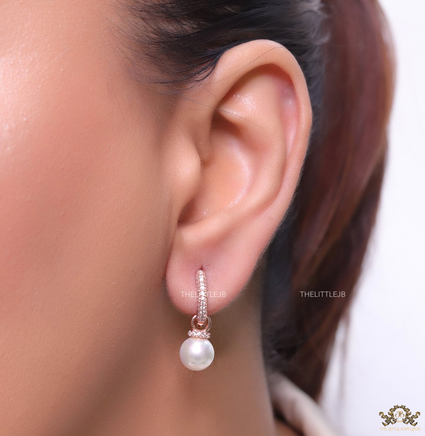 Rose gold plated cz hoops with pearl drop