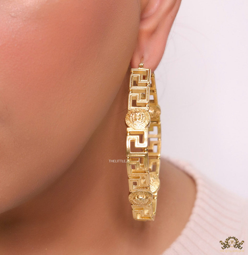 Gold plated 62x62mm square medusa hoops