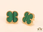 Malachite green clover stud earrings in gold finish