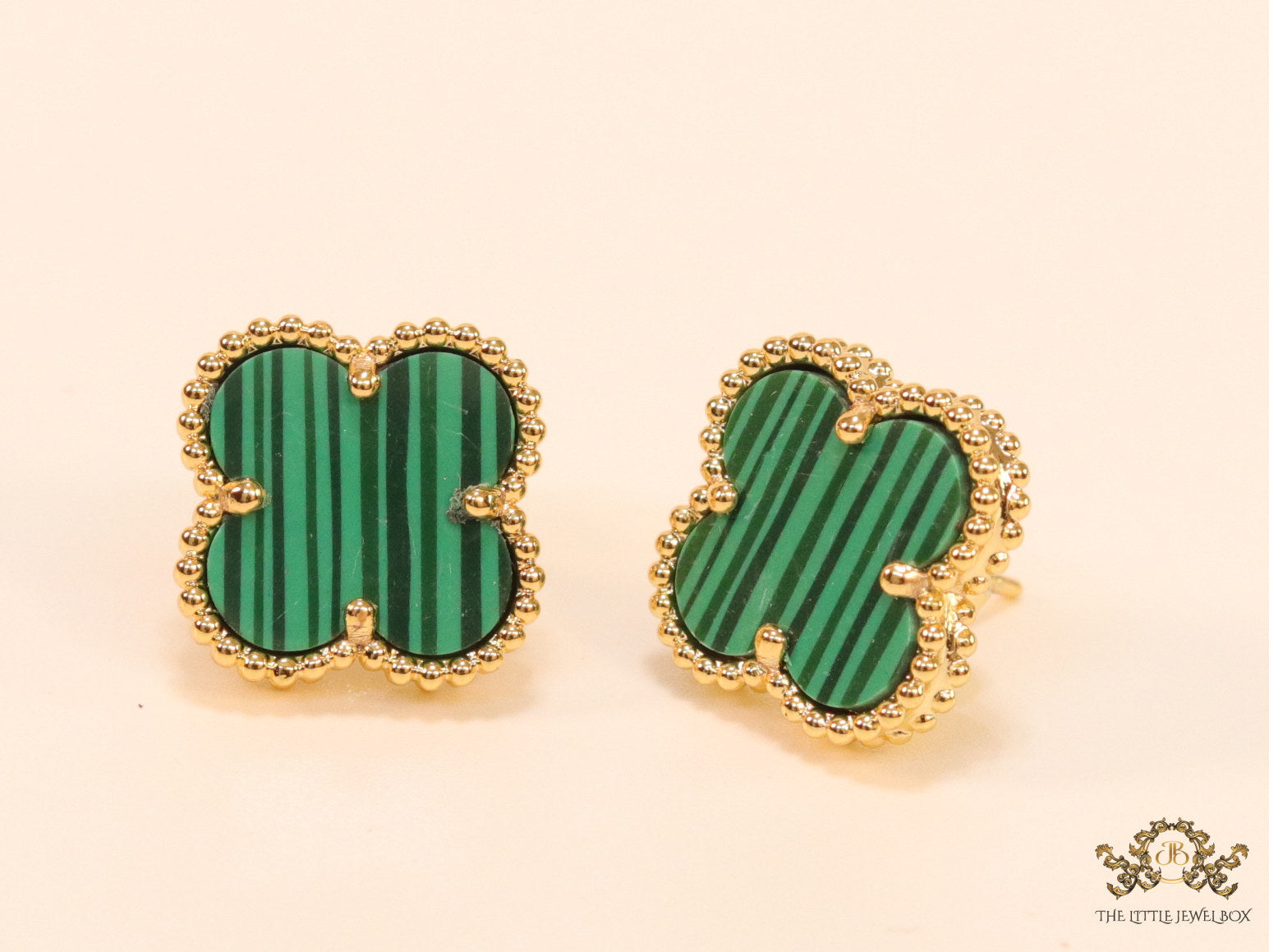 Malachite green clover stud earrings in gold finish