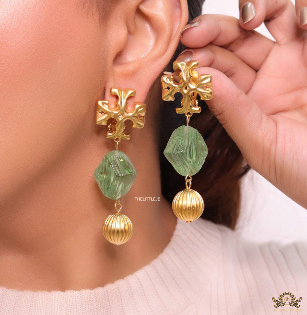 Alphabet T danglers with green carved stone