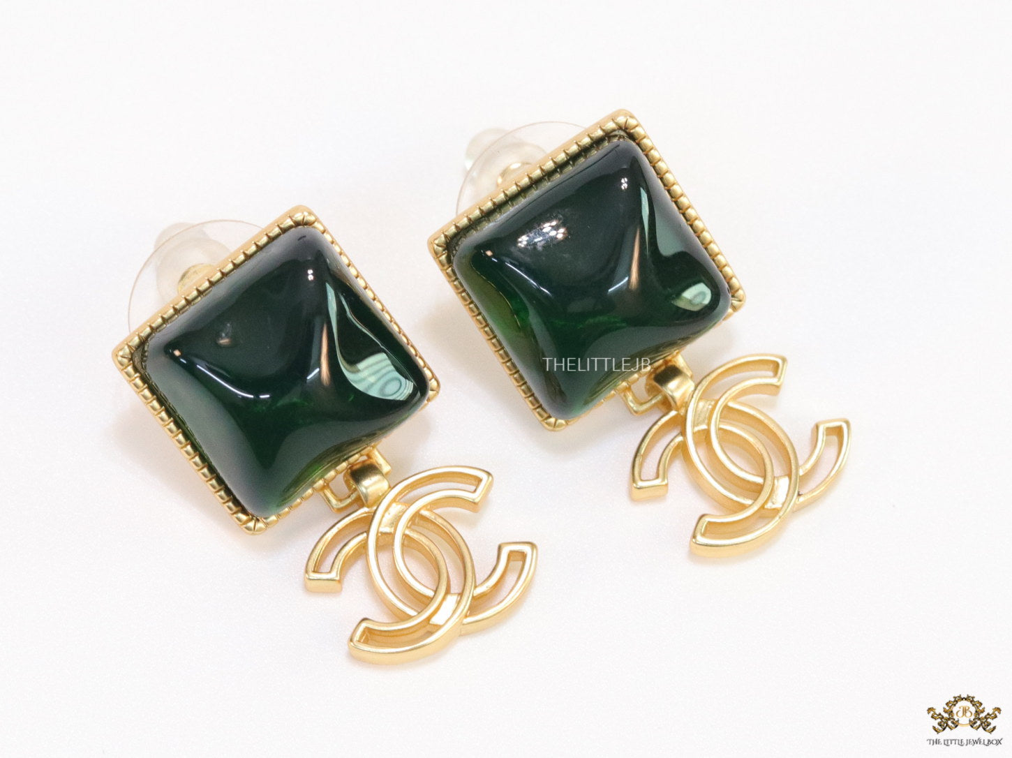 Gold plated Square emerald green studs with double C motif