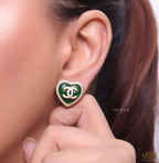 Heart shape twin C motif golden studs with deep green base