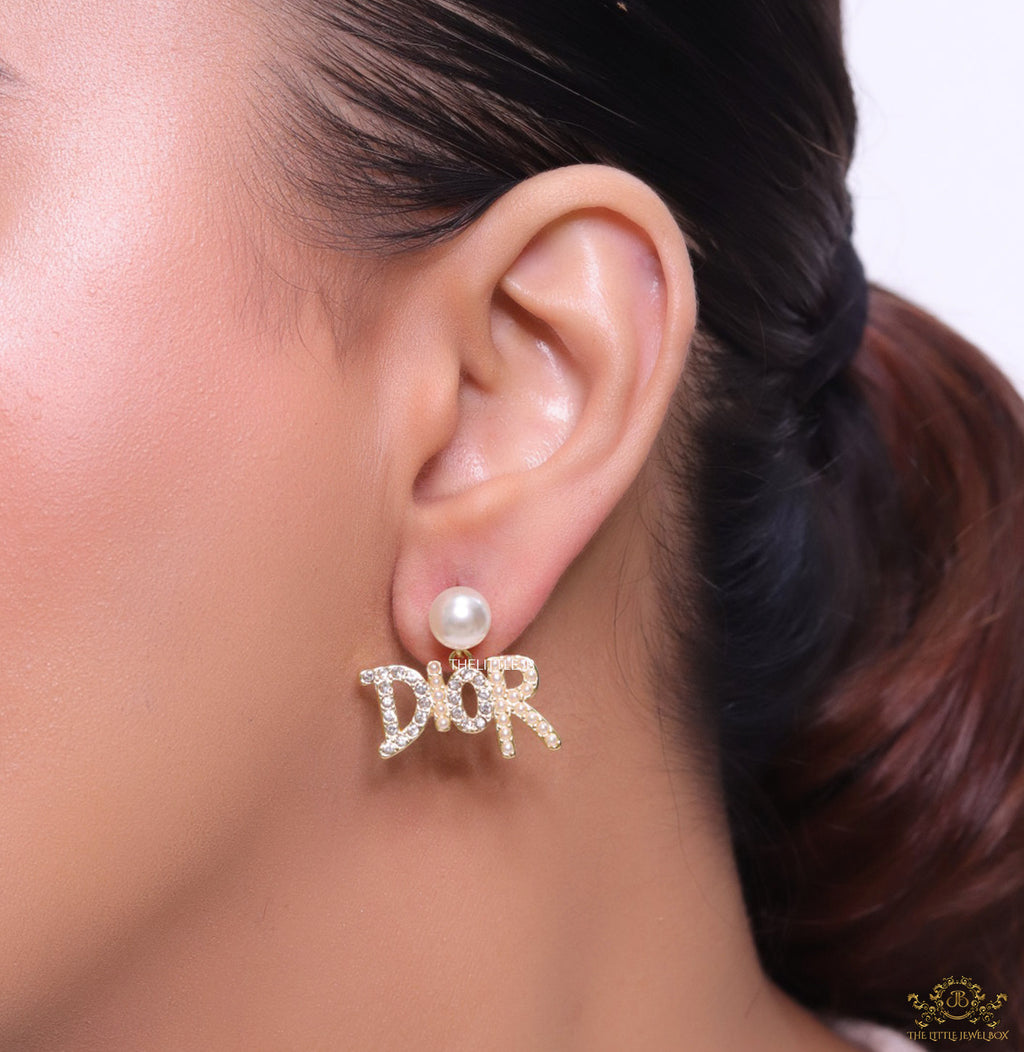 Gold plated pearl studs with cz alphabet drops