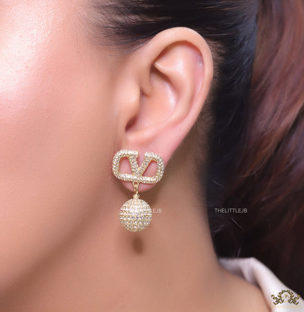 Gold plated cz alphabet v earring with cz ball drops