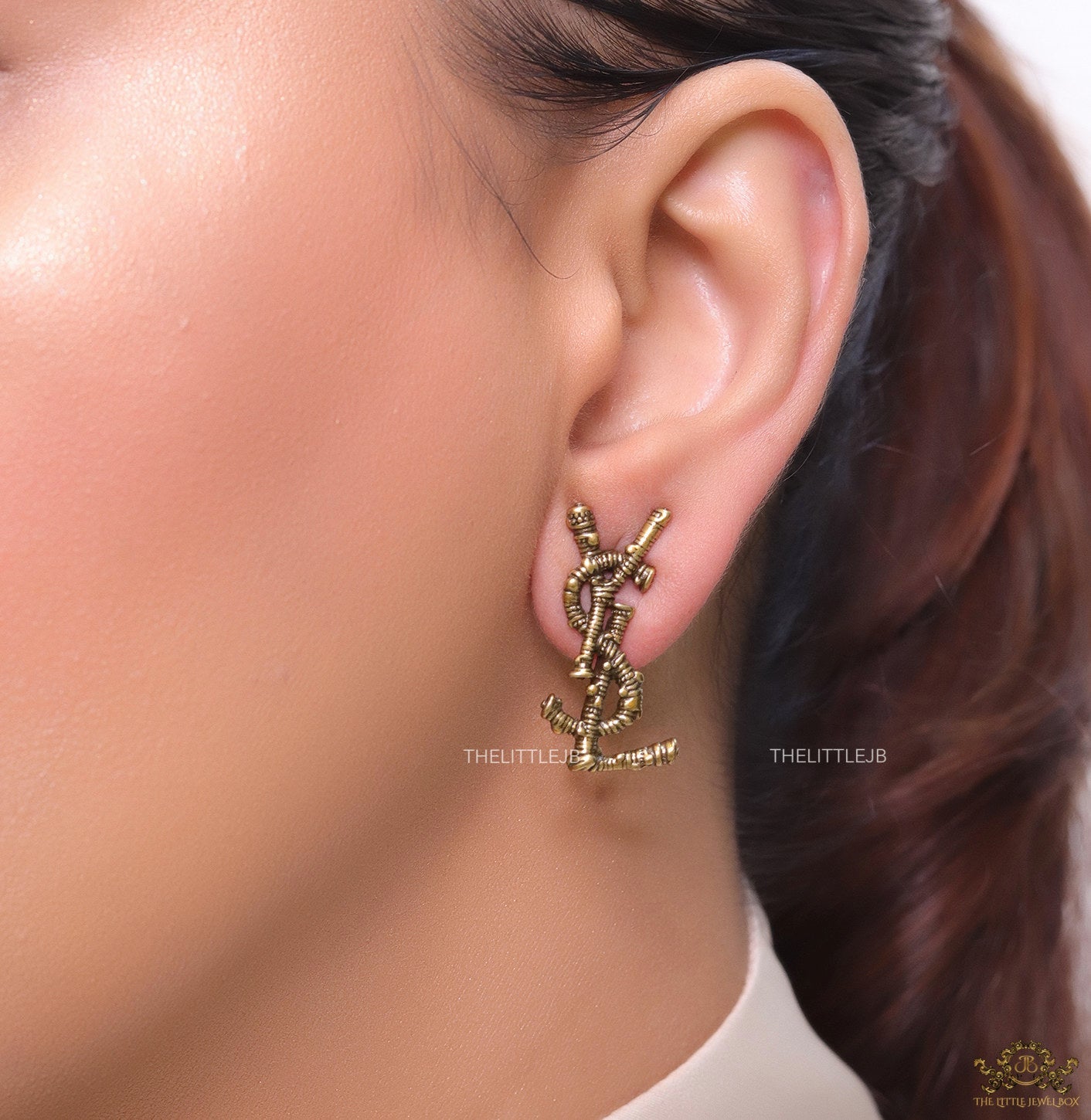 Antique Gold plated alphabet studs with woven texture