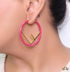 51mm magenta hoop earrings with golden alphabet