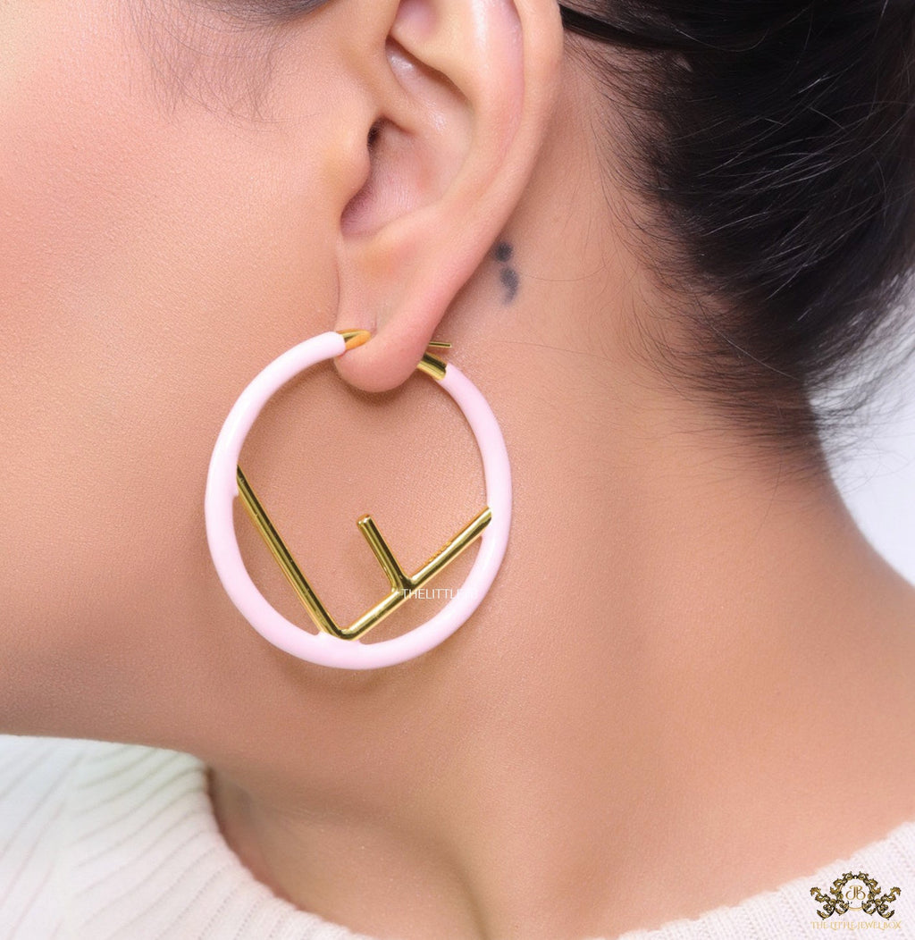 51mm light pink hoop earrings with golden alphabet