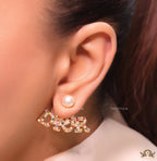 Pearl bomber earrings with golden and multi cz alphabet drop charms