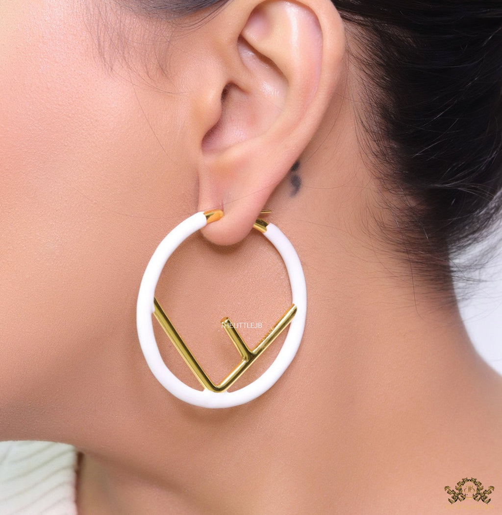 51mm white hoop earrings with golden alphabet