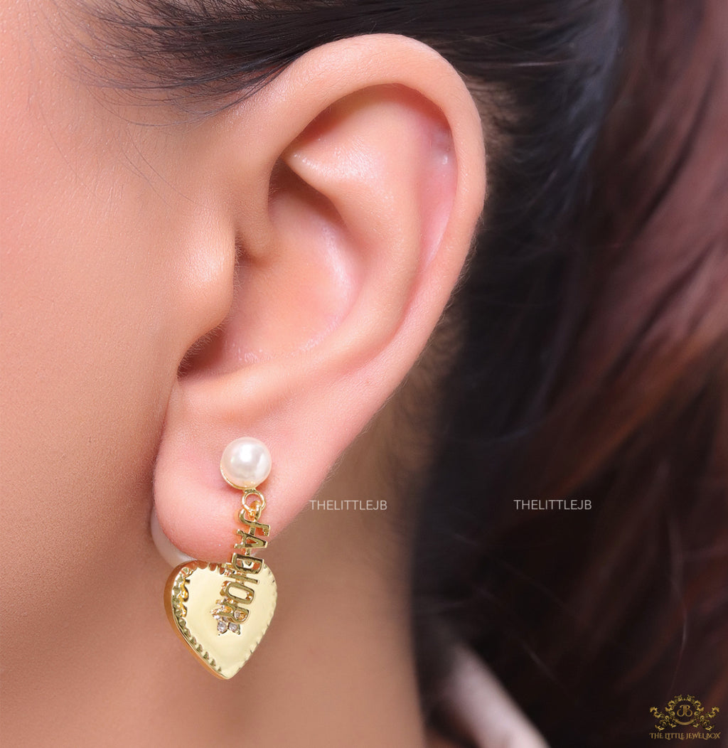 Golden heart earrings with detachable pearl bomber and alphabet tops