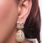Golden twin C cz earrings with fancy cz lobe shape drops