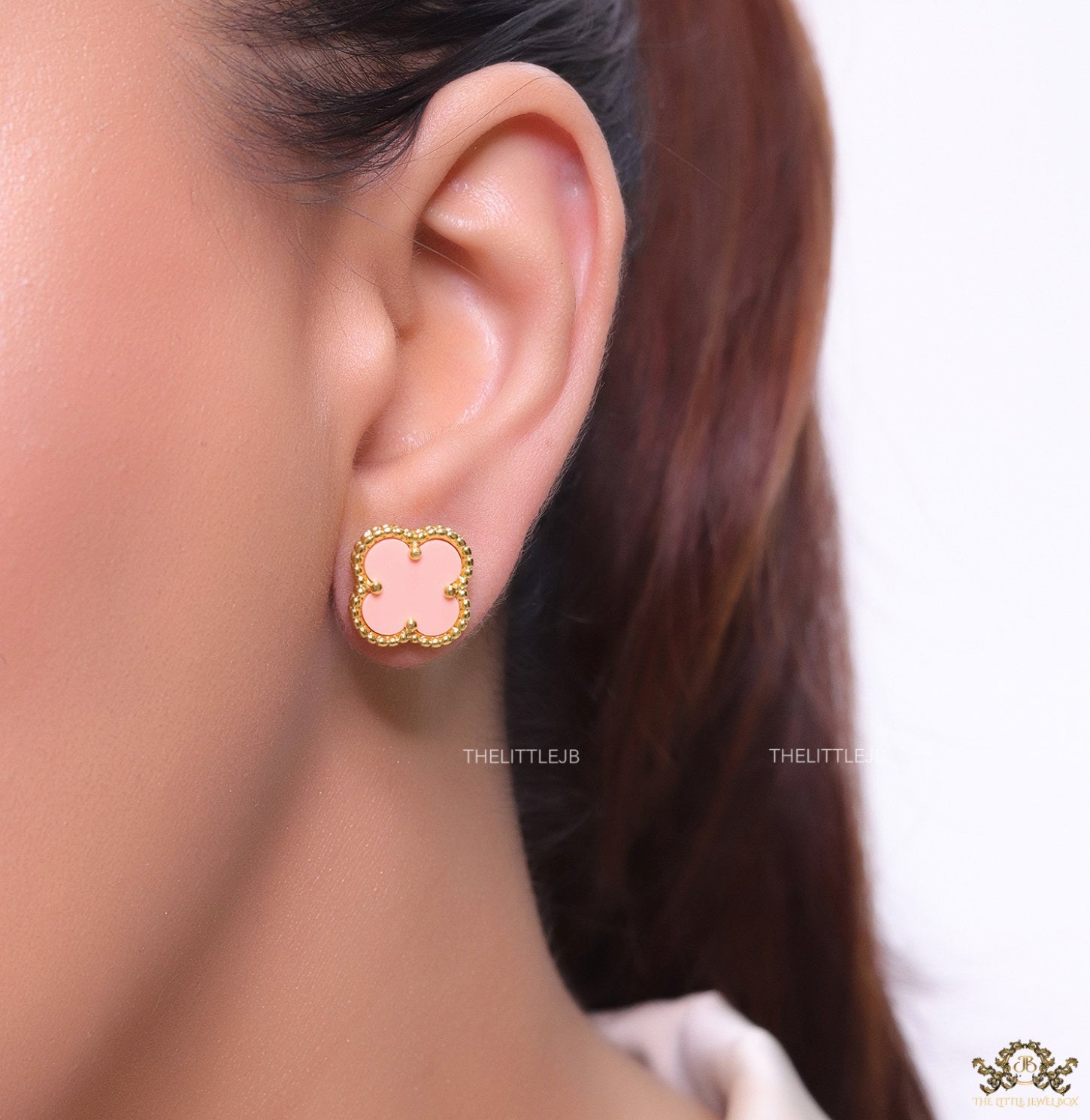 Gold plated pink clover stud earrings