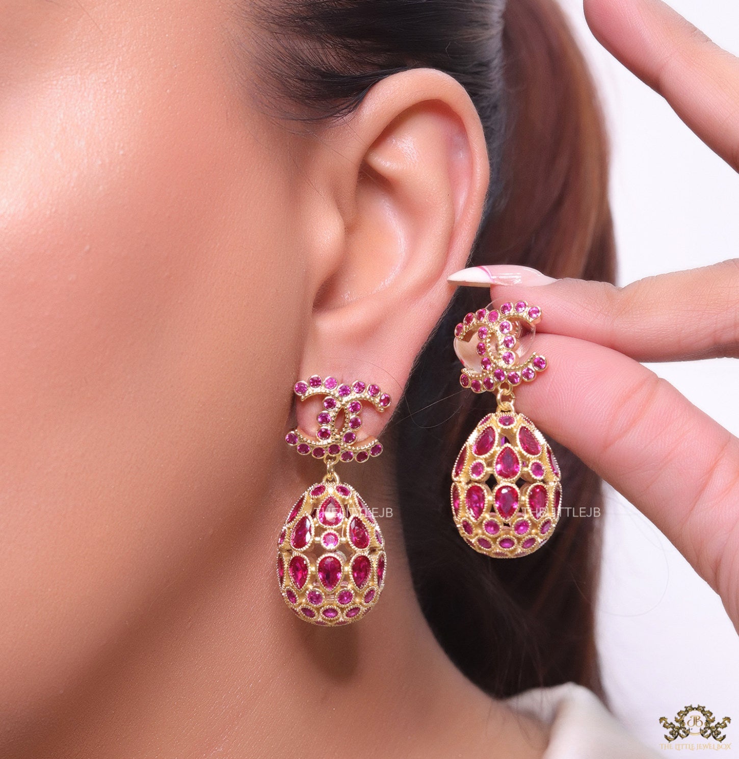 Golden twin C  red cz earrings with fancy cz lobe shape drops