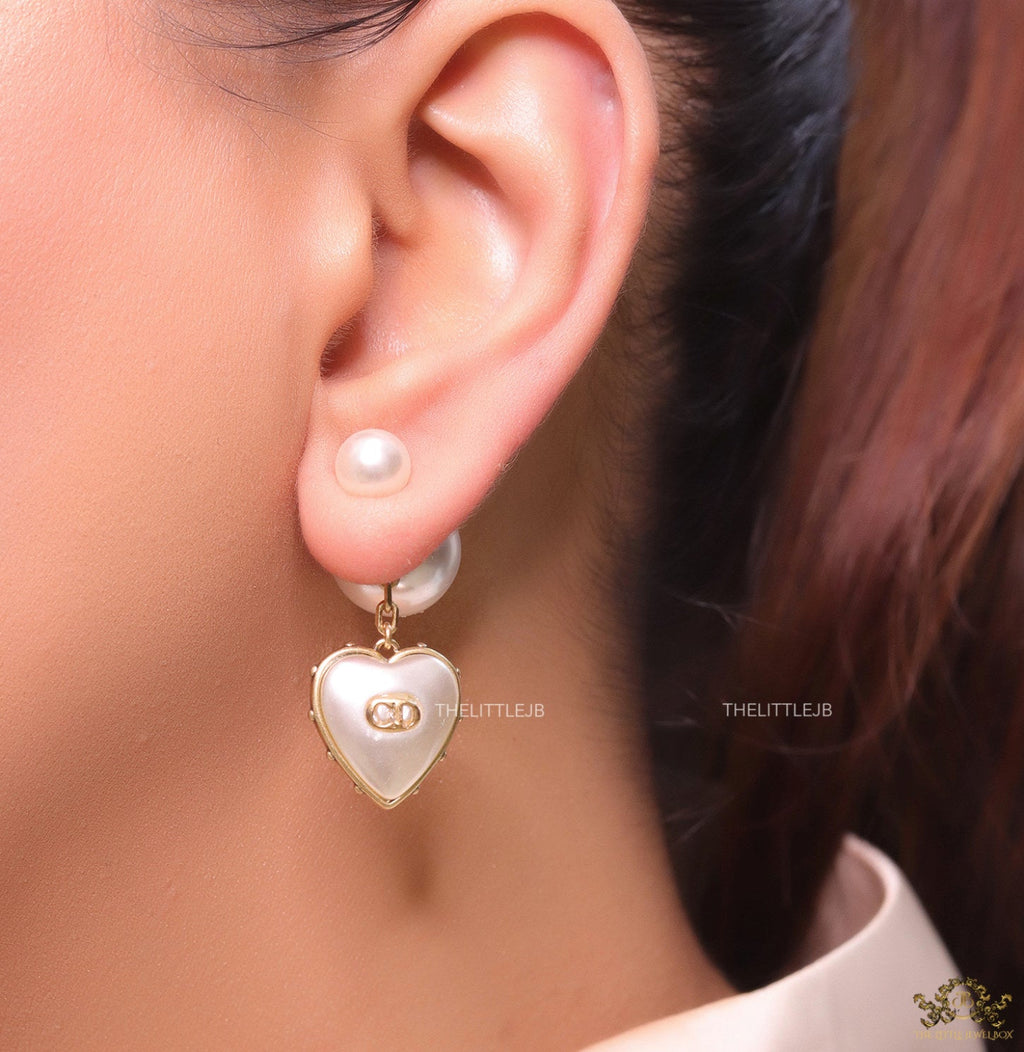 Gold plated pearl bomber earrings with MOP heart drop