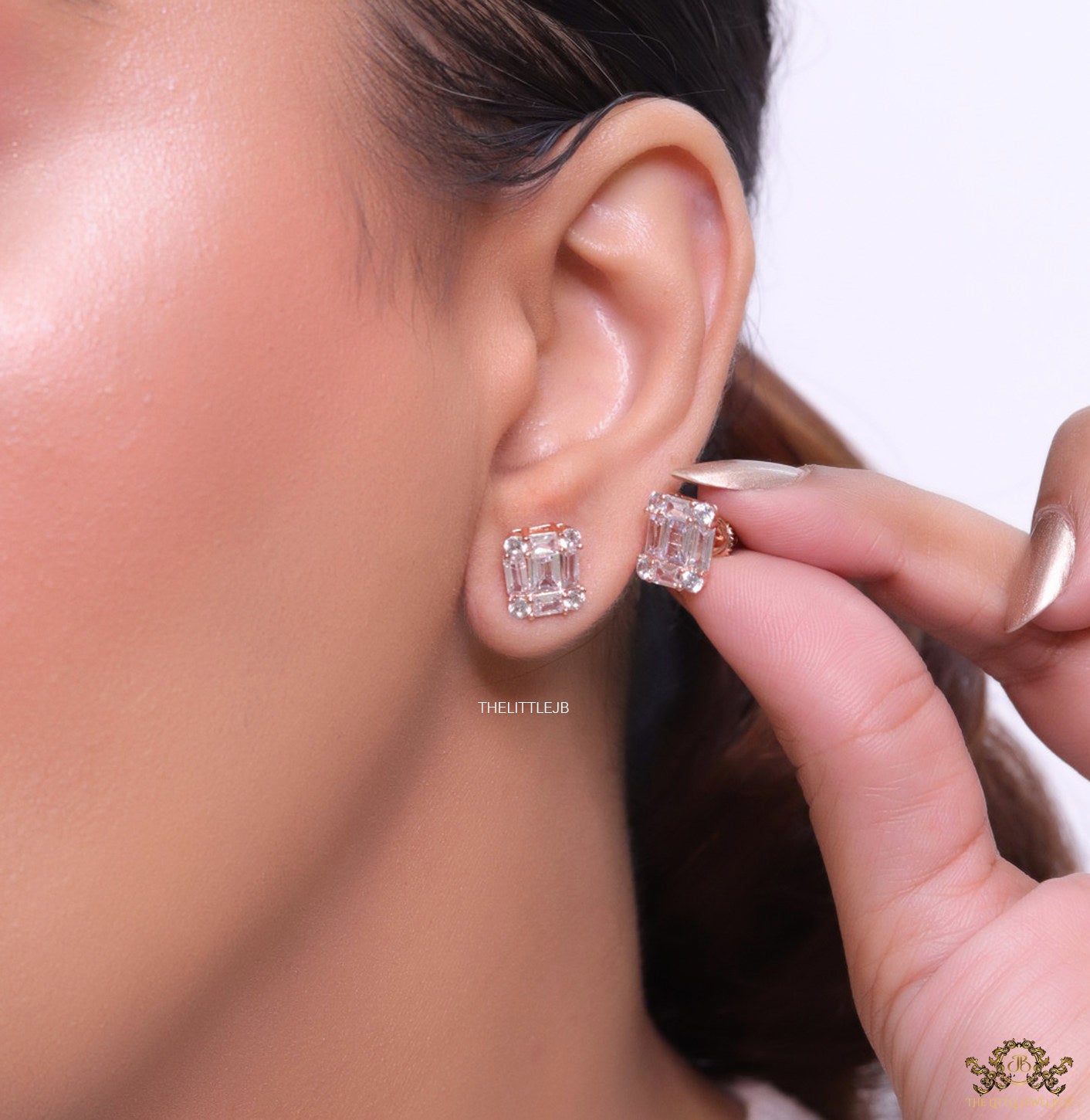 Rose gold cz baguette studs with cz pointers