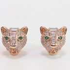 Cz panther stud earrings in rose gold finish and emerald green eyes