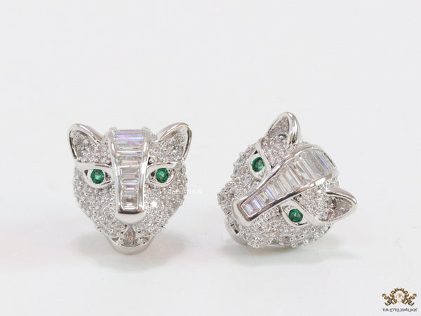 Cz panther stud earrings in platinum finish and emerald green eyes