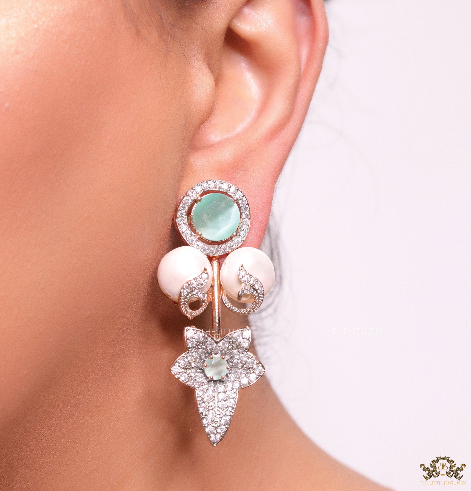 Cz flower earrings with shell pearls and light green stones