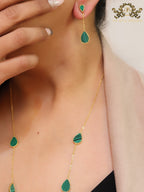 Gold plated long chain malachite stone necklace