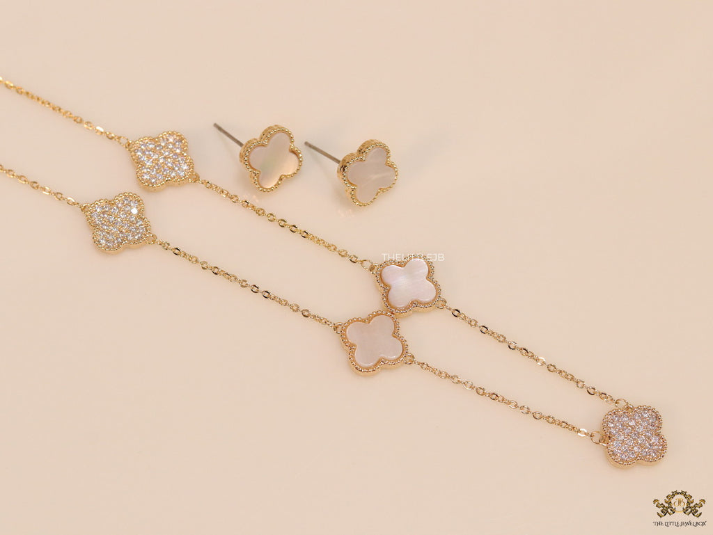 Gold plated necklace set with cz and mother of pearl clovers