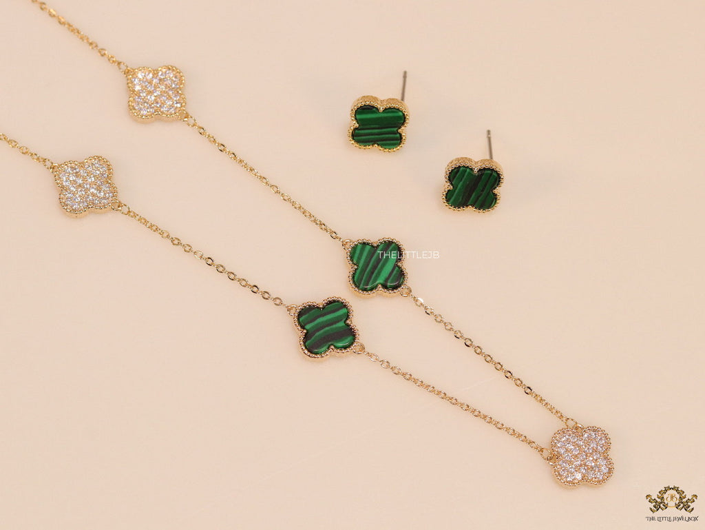 Gold plated necklace set with cz and malachite green clovers