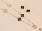 Gold plated necklace set with cz and malachite green clovers