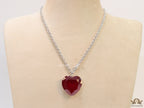 Platinum link chain necklace with Large 35 mm Ruby Heart shaped cz pendant