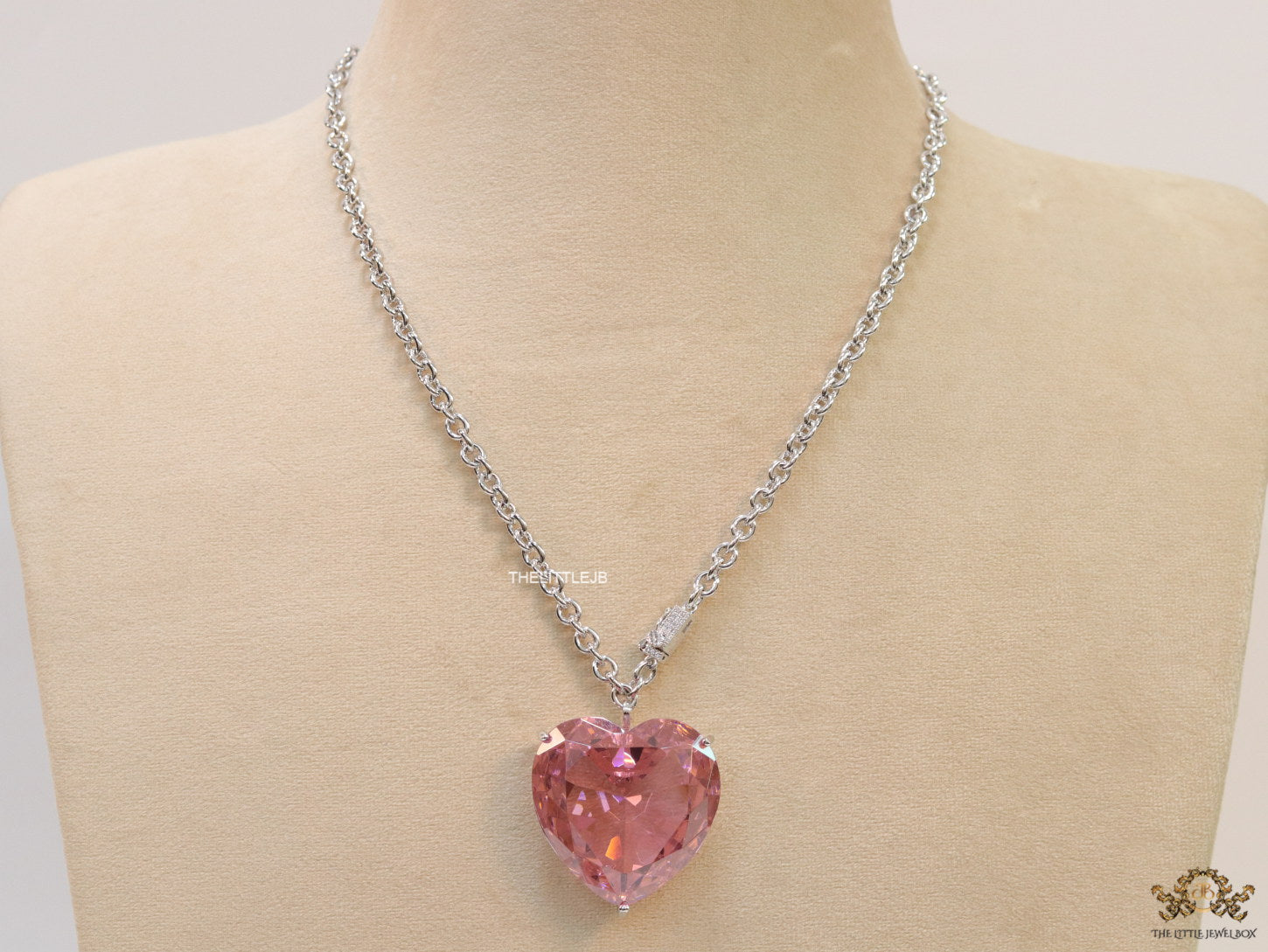 Platinum link chain necklace with Large 35 mm Pink Heart shaped cz pendant