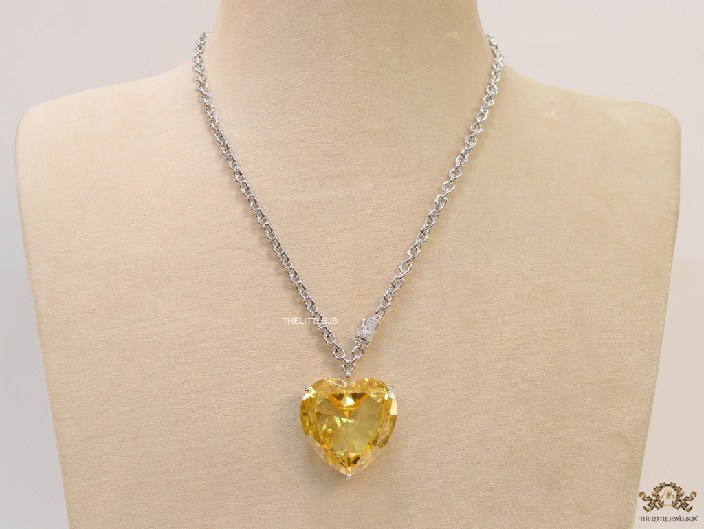 Platinum link chain necklace with Large 35 mm Yellow topaz Heart shaped cz pendant