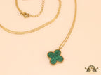 Gold plated chain with malachite stone clover pendant