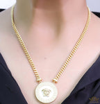 Gold plated thick chain necklace with white and golden Medusa pendant