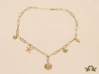 Gold plated link chain necklace with charms- snake, star fish, saturn, snail shell, Sun n Moon