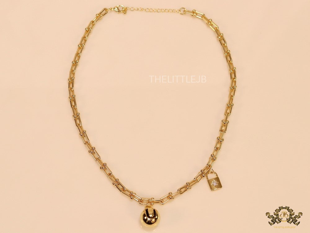 Gold plated padlock and chime necklace