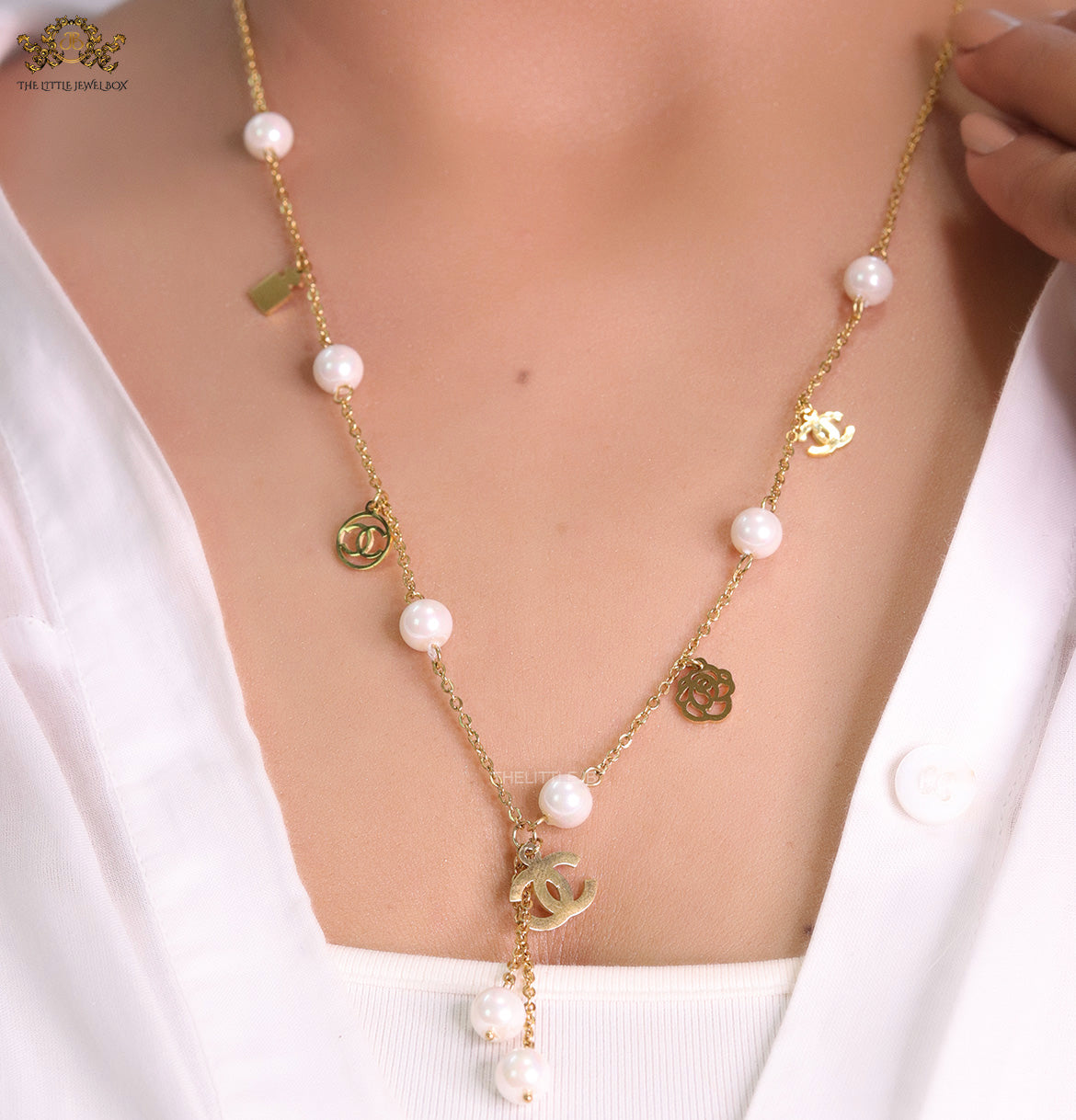 Rose Gold chain necklace with pearls and alphabet motifs