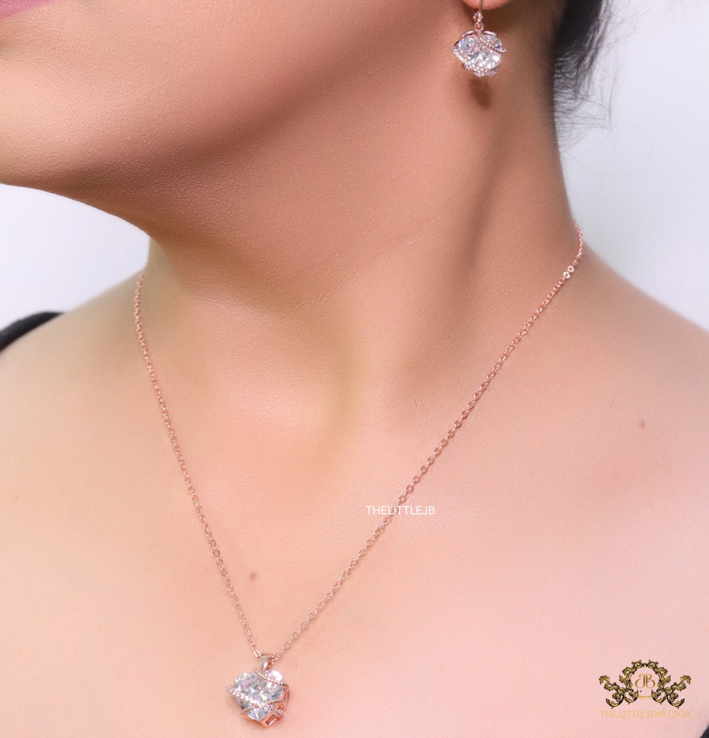 Rose gold chain necklace with heart shape fancy cz pendant and earrings