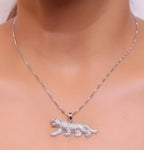 Platinum plated cubic zirconia panther pendant on sleek Platinum plated chain
