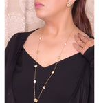 Pearl white clover heart and other shape charms on a sleek long gold plated chain with matching studs